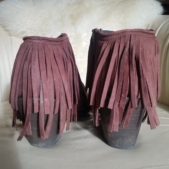 Burgundy wine real leather fringe booties - Picture 3 of 7